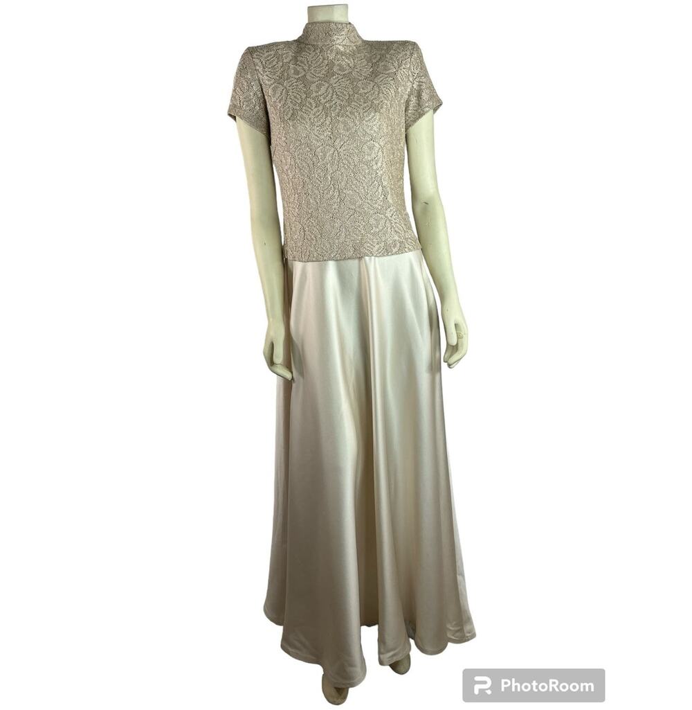 Vintage Y2K Bari Jay Champaign Maxi Dress Gown lace bodice full skirt size 11-12
